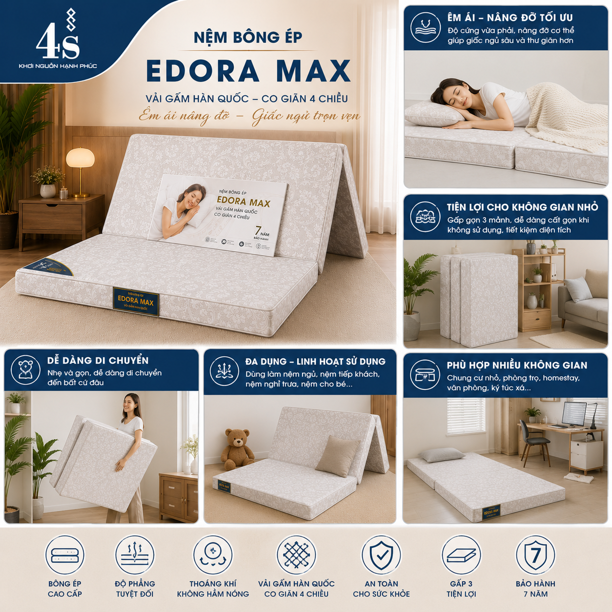 Nệm bông ép EDORA MAX 3 Nệm bông ép Edora Max di chuyển nhanh chóng