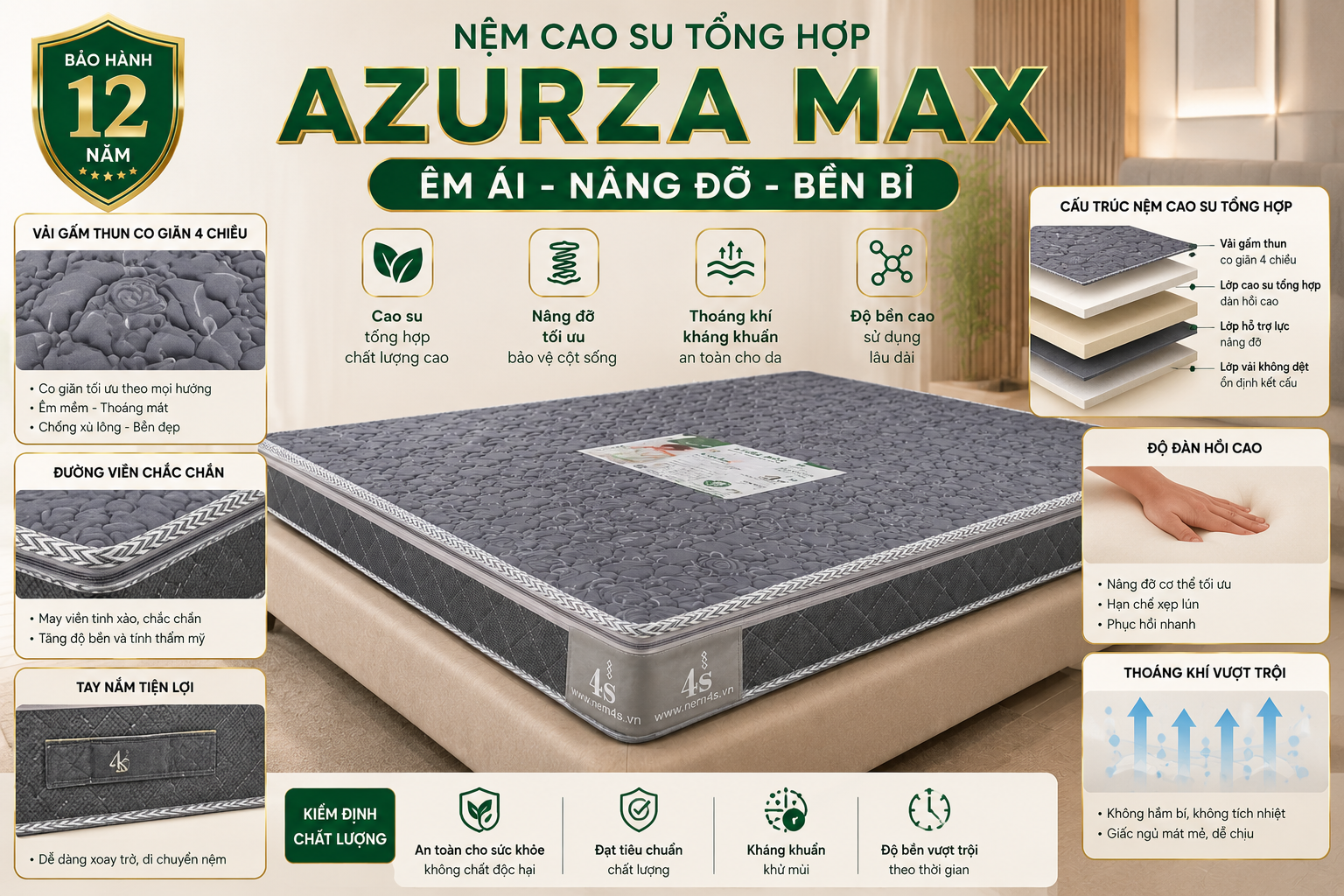 Nệm cao su tổng hợp AZURZA MAX 2 Nem cao su tong hop Azurza Max Thong tin chi tiet Nệm cao su tổng hợp AZURZA MAX