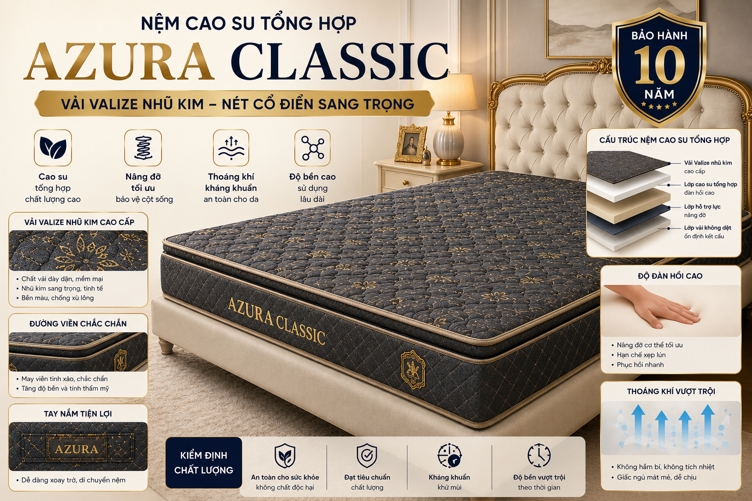 Nệm cao su tổng hợp Azura Classic 2 Nem cao tu tong hop Vai Valize nhu kim Nệm cao su tổng hợp Azura Classic